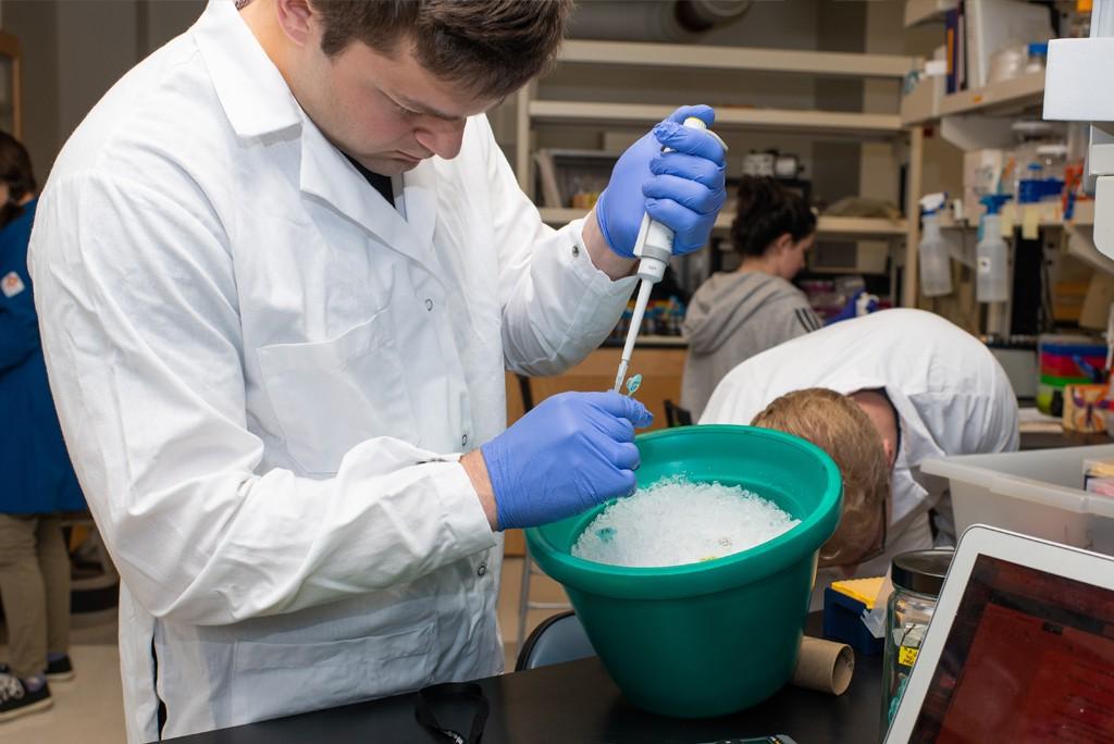 A student wears white coat while working with lab tools